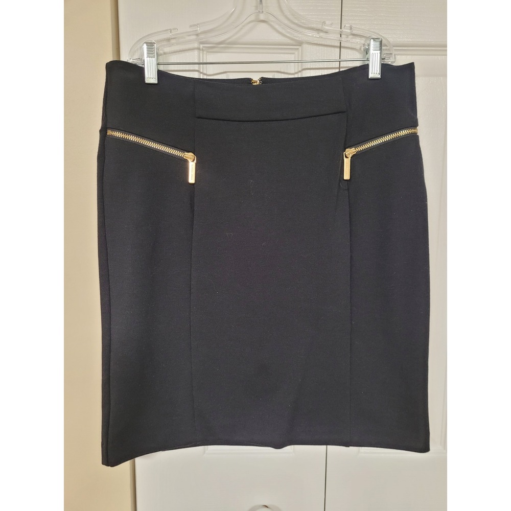 Michael Kors Black Ponte Pencil Skirt Gold Zipper Detail‎ Womens Size 8 Office